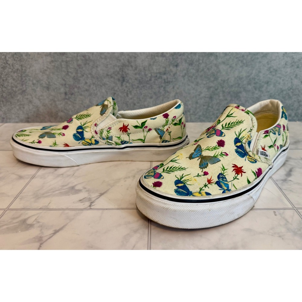 Vans Classic Slip-On Cream/Yellow Butterfly Floral Canvas Shoes Womens 6.5